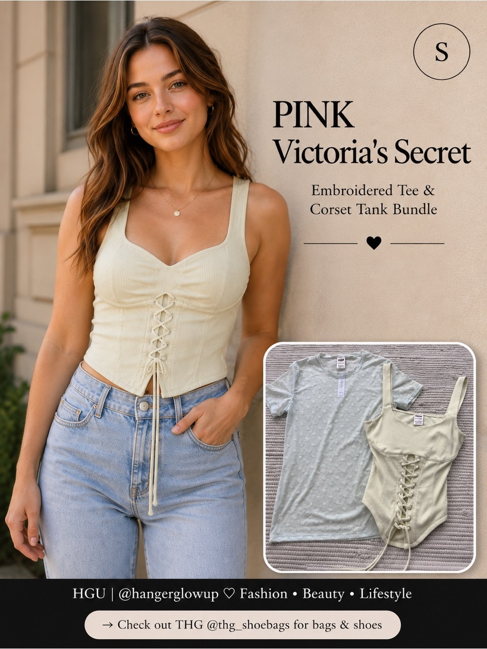 PINK Victoria’s Secret Bundle Corset Tank Mesh Embroidered Tee Set S